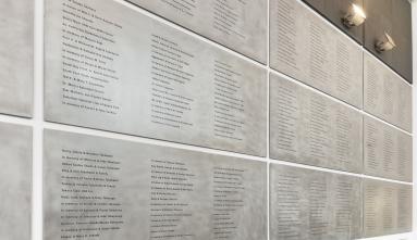 wall of donor engravings in the Hirasaki National Resource Center